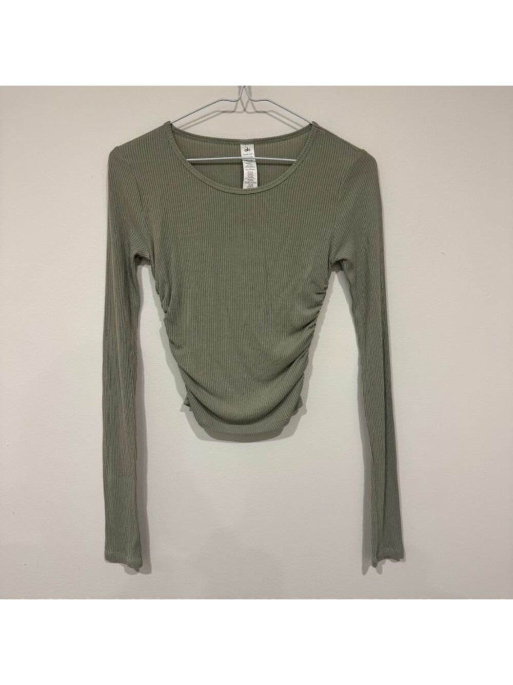 Alo Yoga Womens 'Gather Long Sleeve' Rosemary Green XS Ruched Ribbed Cropped